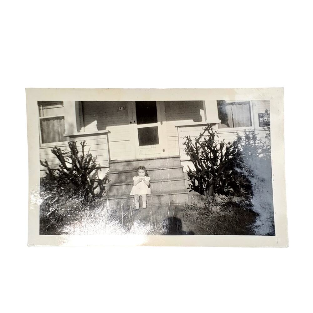 Vtg Cute Young Girl Toddler Posing on Steps Monochrome Photography Found